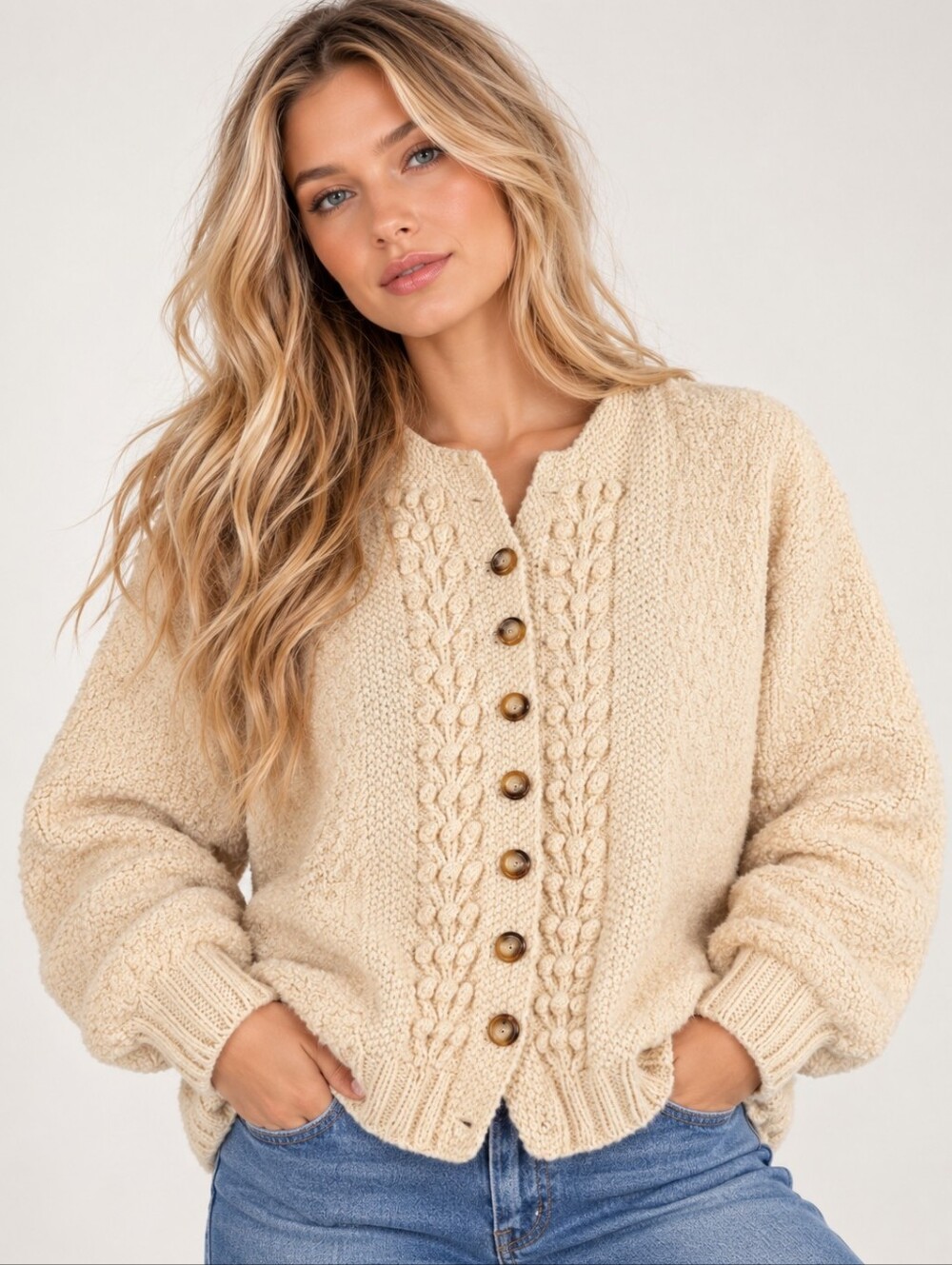 Blarney Woollen Mills Ireland Cream Cable Knit Cardigan Sweater EUC